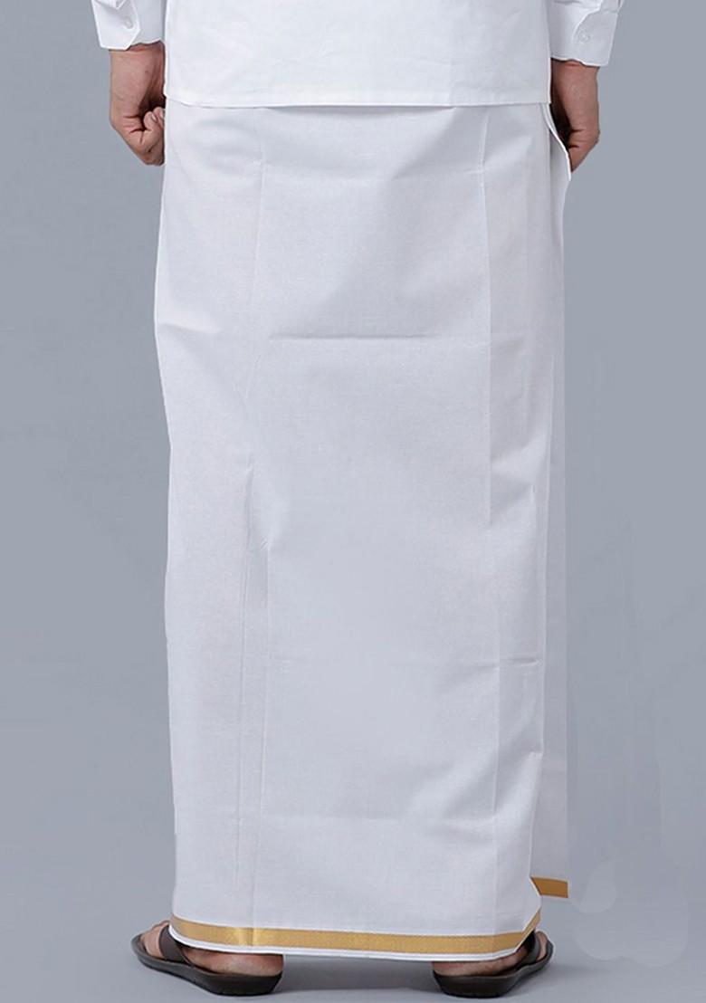 White Cotton Solid Gold Jari Border Single Layer Dhoti For Men - Indya