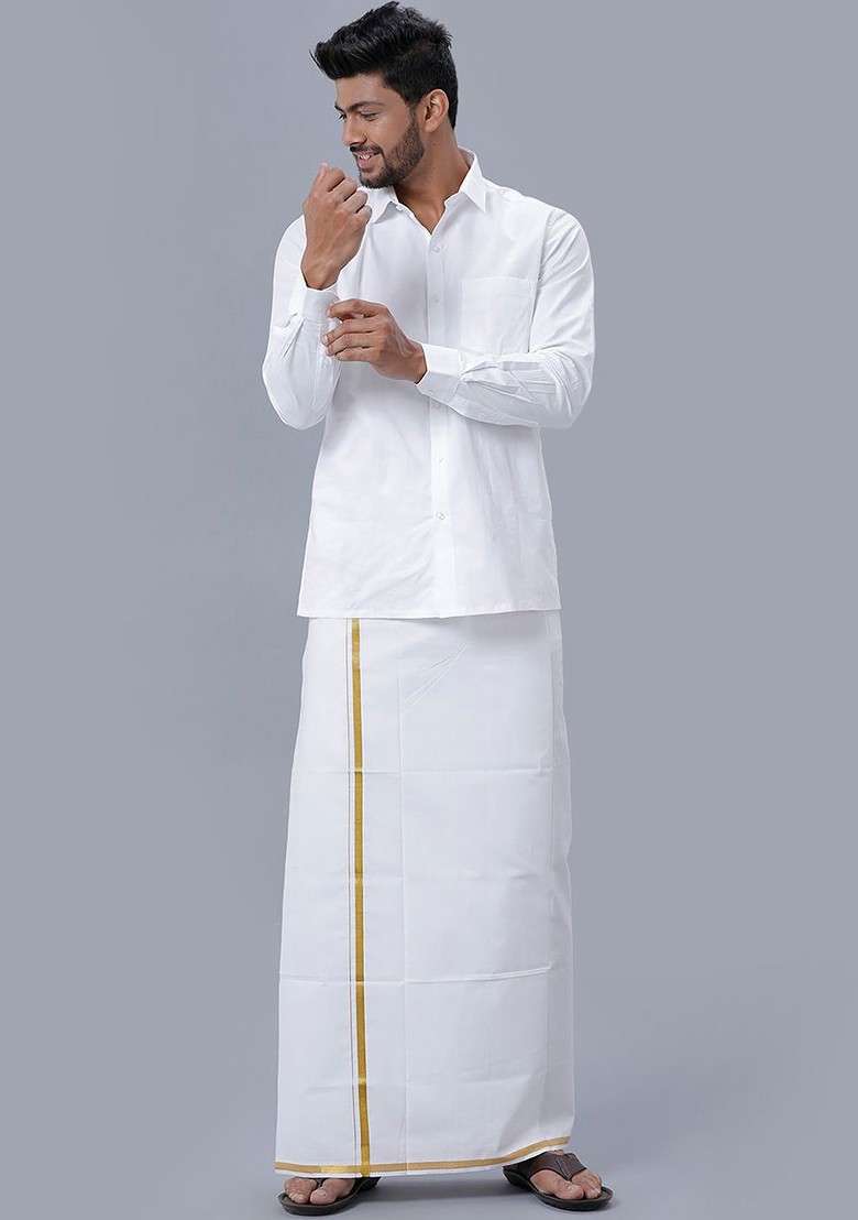 White Cotton Solid Gold Jari Border Single Layer Dhoti For Men - Indya