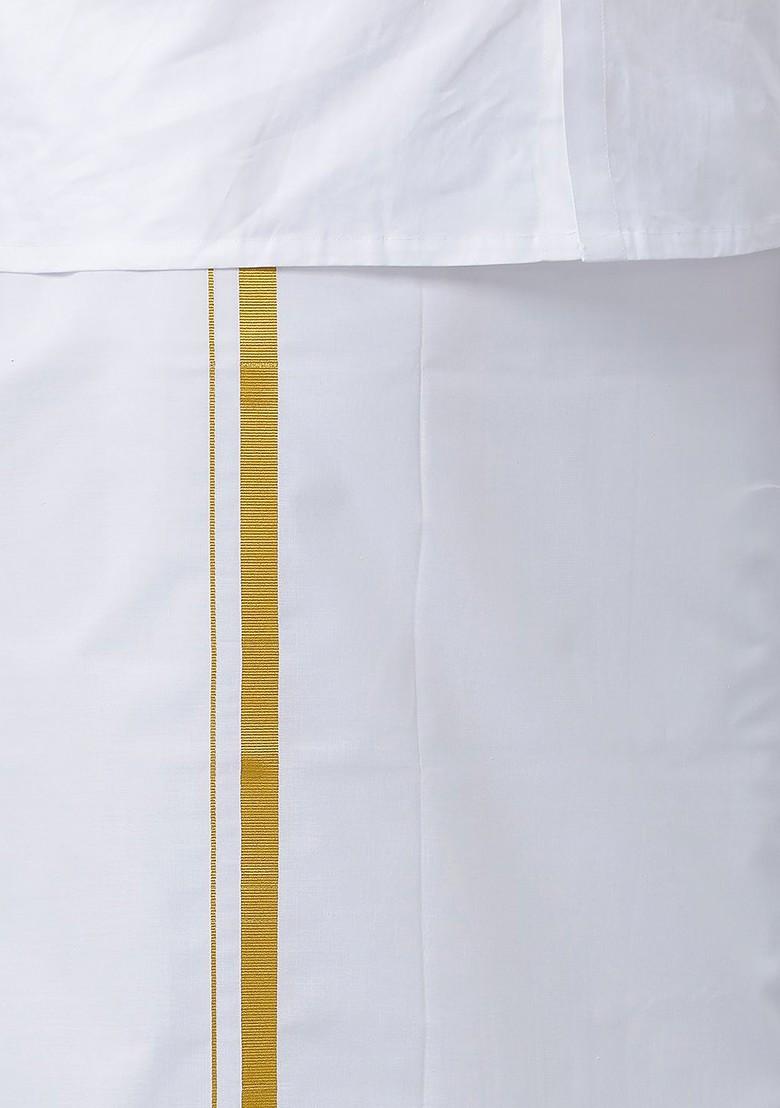 White Cotton Solid Gold Jari Border Single Layer Dhoti For Men - Indya