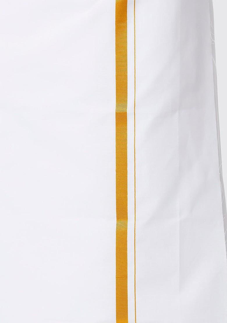 White Mandarin Collar Pure Cotton Straight Kurta With Golden Zari Dhoti For Men - Indya