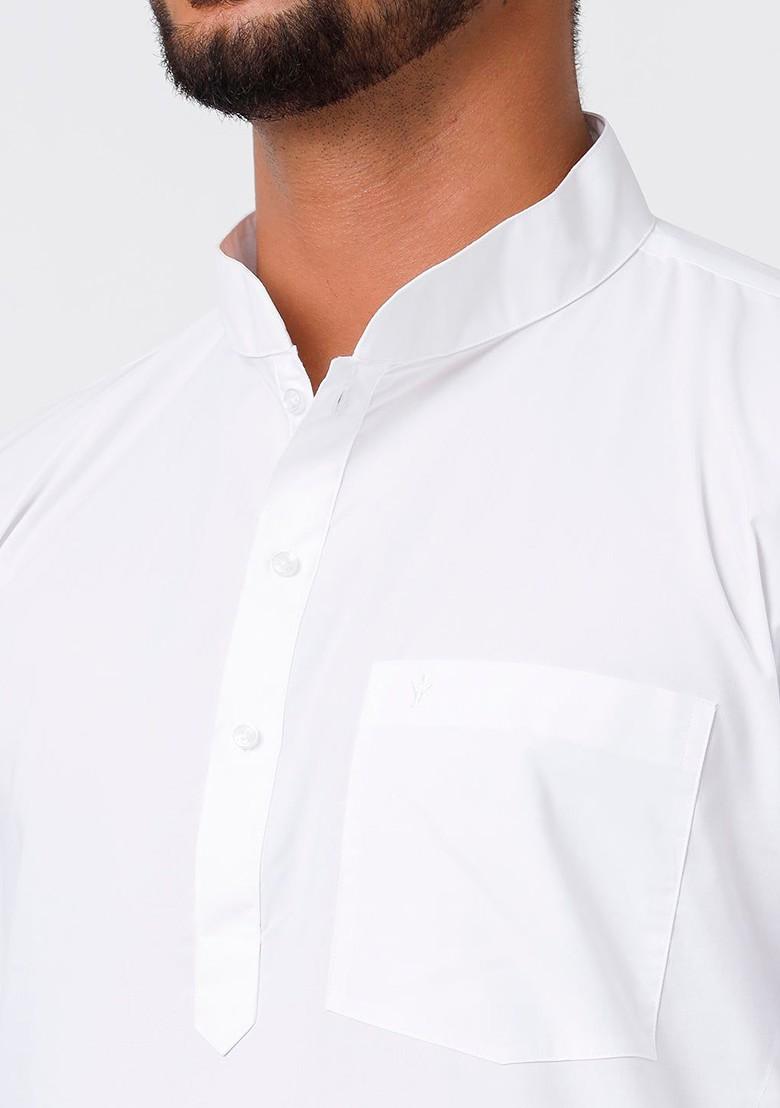 White Mandarin Collar Pure Cotton Straight Kurta With Golden Zari Dhoti For Men