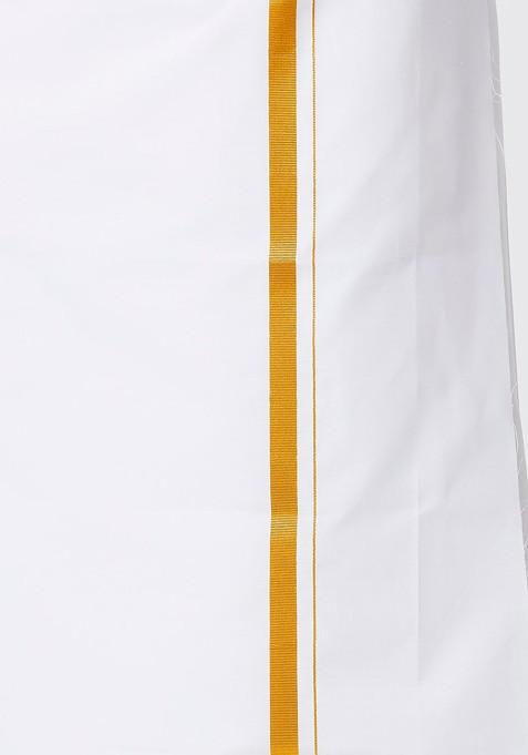 White Mandarin Collar Pure Cotton Straight Kurta With Golden Zari Dhoti For Men