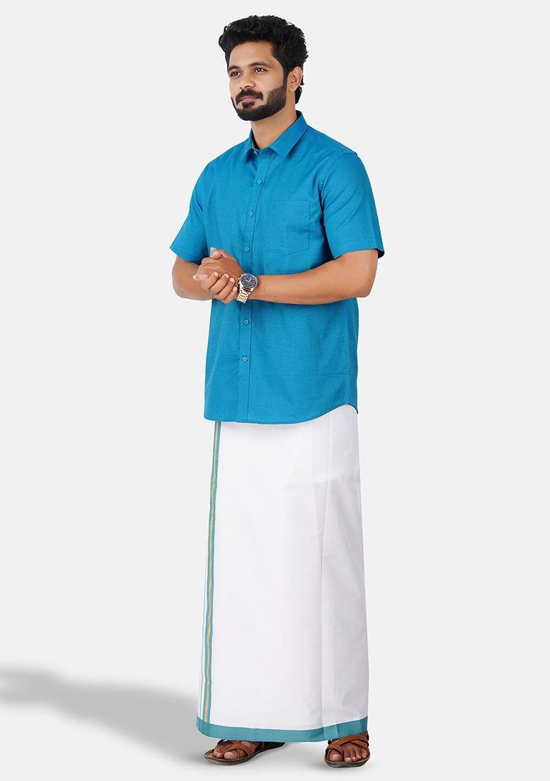Blue Half Sleeve Shirt And Matching Border Dhoti For Men
