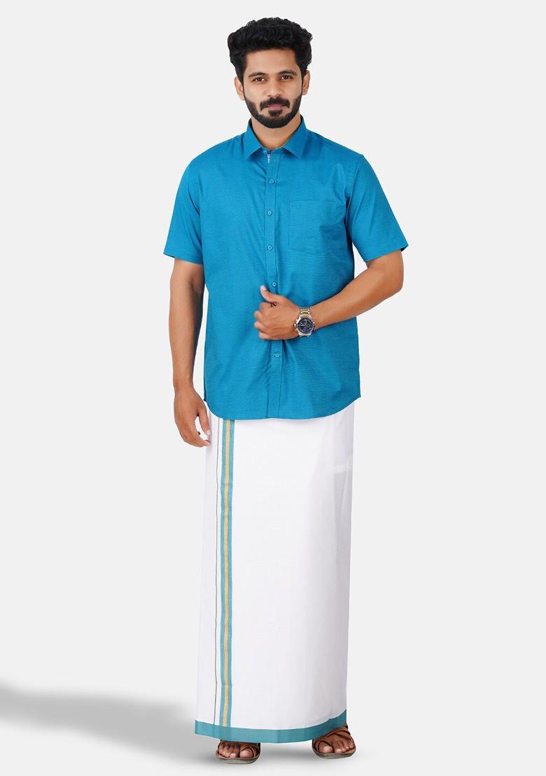 Blue Half Sleeve Shirt And Matching Border Dhoti For Men