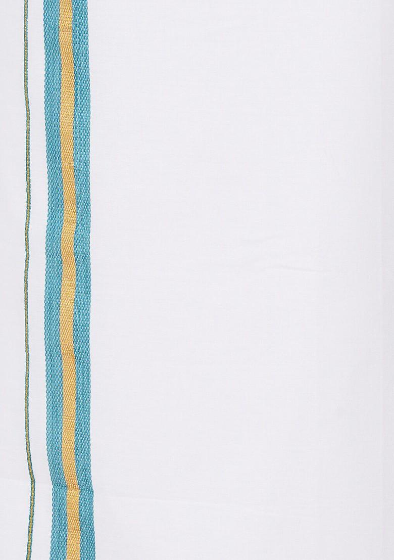 Blue Half Sleeve Shirt And Matching Border Dhoti For Men