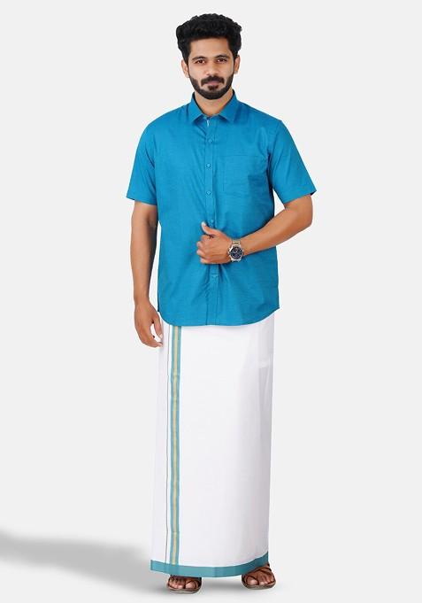 Blue Half Sleeve Shirt And Matching Border Dhoti For Men