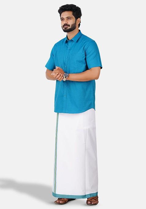 Blue Half Sleeve Shirt And Matching Border Dhoti For Men