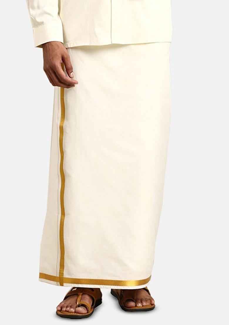 Cream Pure Cotton Long Sleeves Shirt And Dhoti With Angavastram And Belt Set For Men