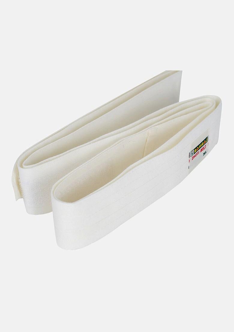 Cream Pure Cotton Long Sleeves Shirt And Dhoti With Angavastram And Belt Set For Men