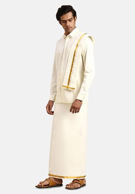 Cream Pure Cotton Long Sleeves Shirt And Dhoti With Angavastram And Belt Set For Men