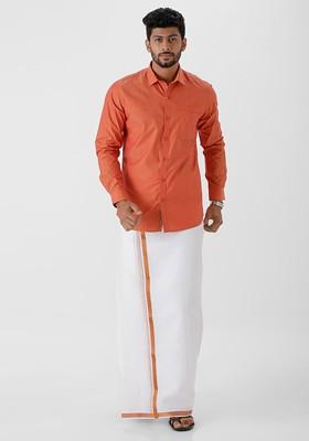 Orange Pure Cotton Shirt With Zari Border Dhoti For Men