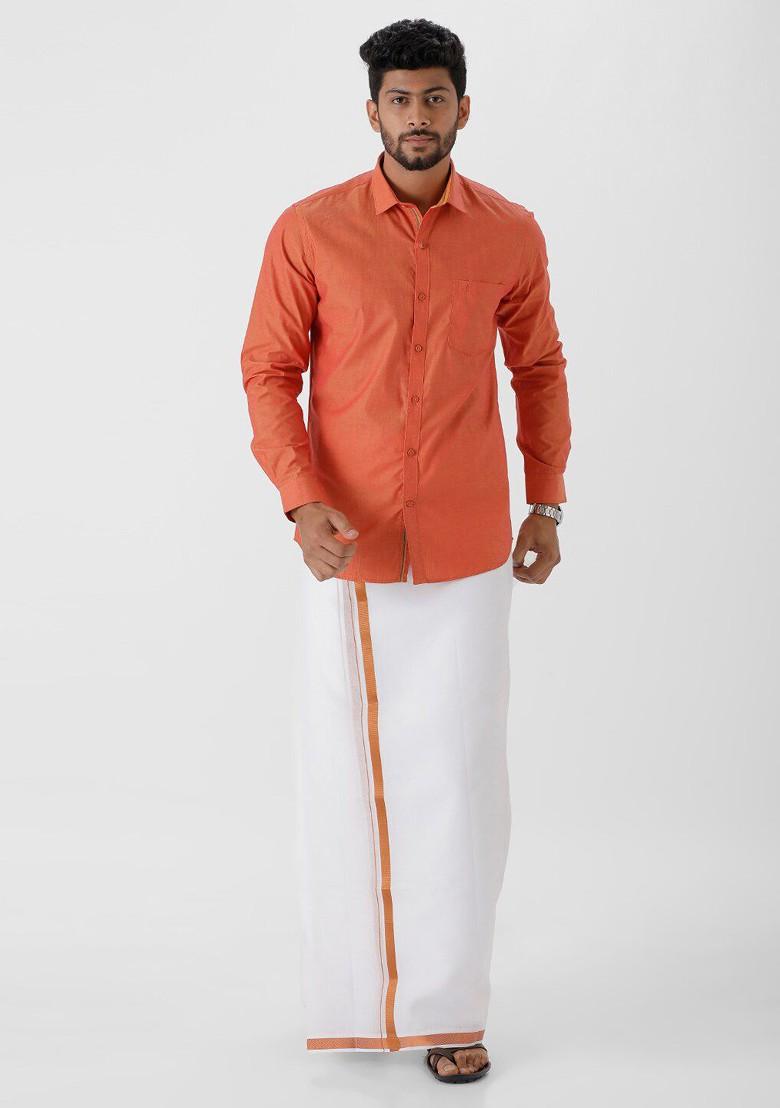 Orange Pure Cotton Shirt With Zari Border Dhoti For Men