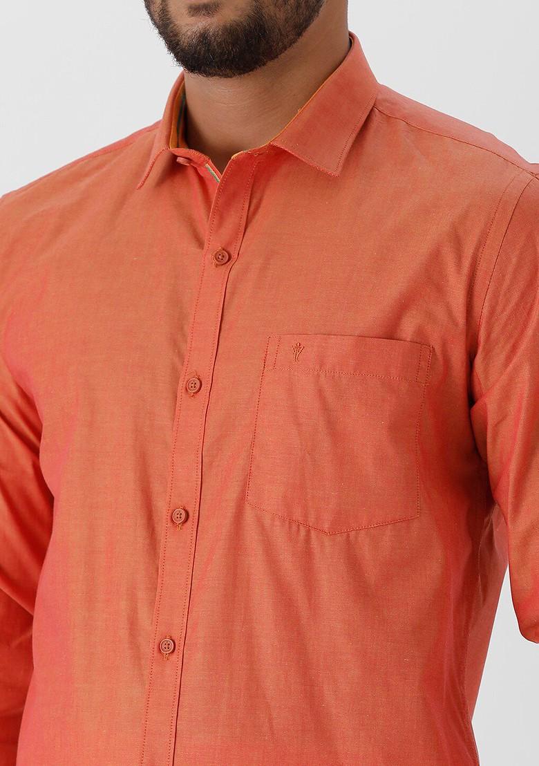 Orange Pure Cotton Shirt With Zari Border Dhoti For Men - Indya