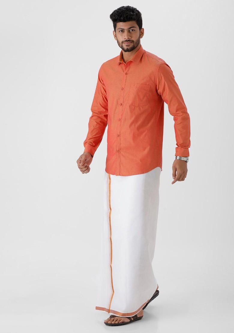 Orange Pure Cotton Shirt With Zari Border Dhoti For Men