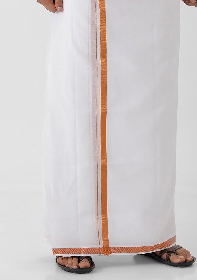 Orange Pure Cotton Shirt With Zari Border Dhoti For Men