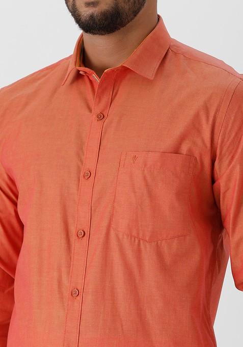 Orange Pure Cotton Shirt With Zari Border Dhoti For Men