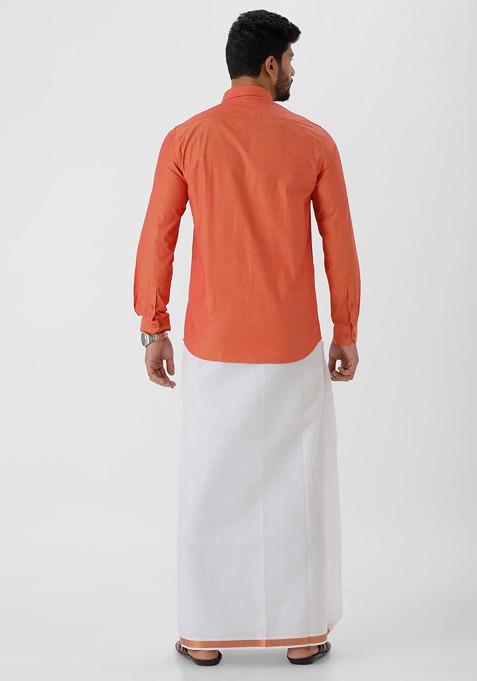 Orange Pure Cotton Shirt With Zari Border Dhoti For Men