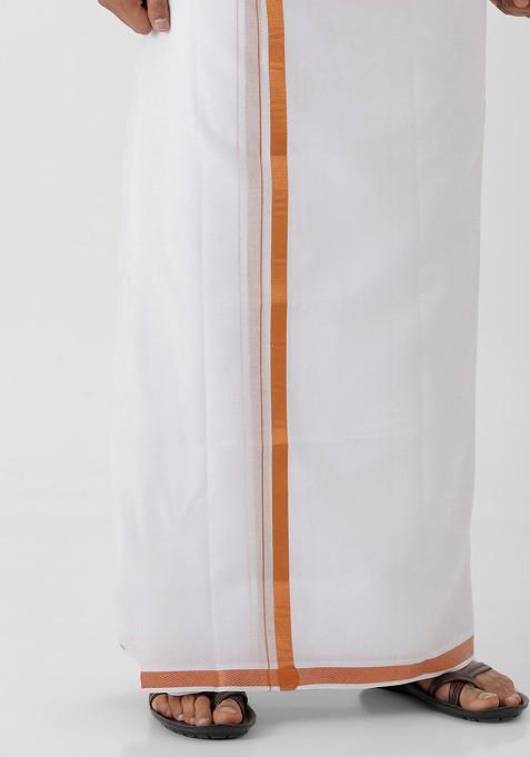 Orange Pure Cotton Shirt With Zari Border Dhoti For Men