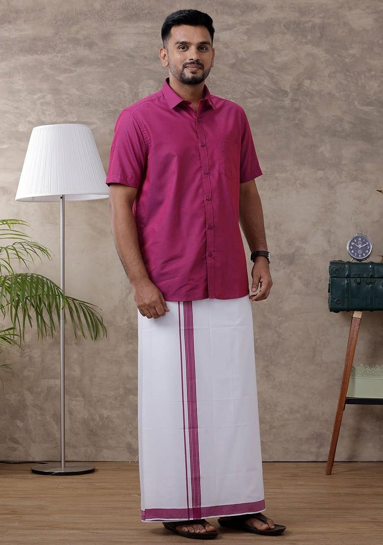 Magenta Half Sleeves Spread Collar Shirt With Dhoti For Men - Indya