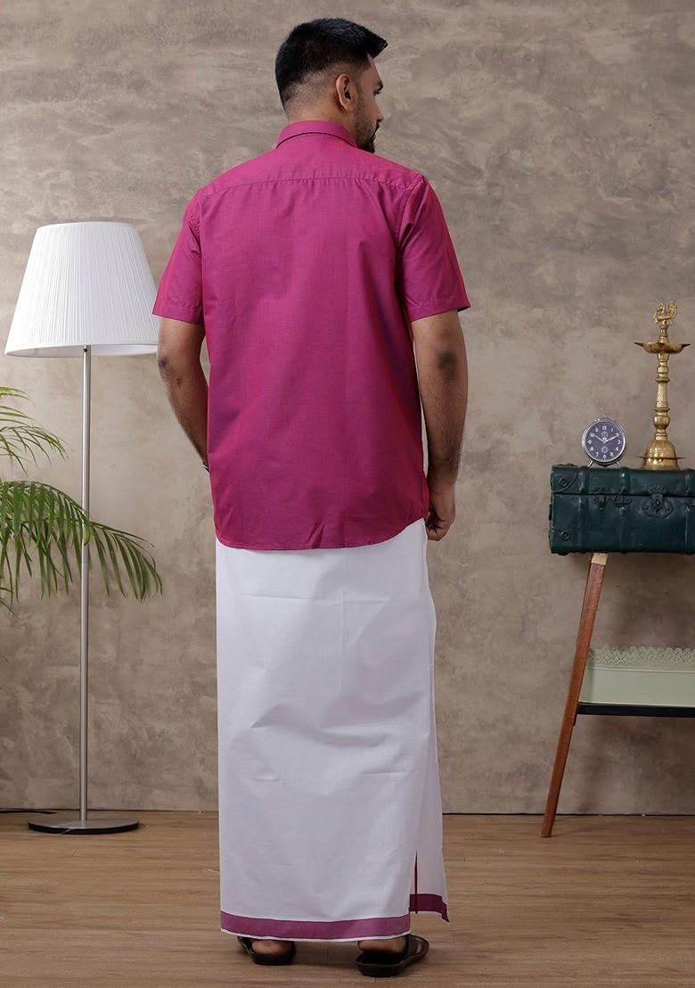 Magenta Half Sleeves Spread Collar Shirt With Dhoti For Men