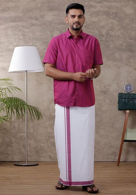 Magenta Half Sleeves Spread Collar Shirt With Dhoti For Men