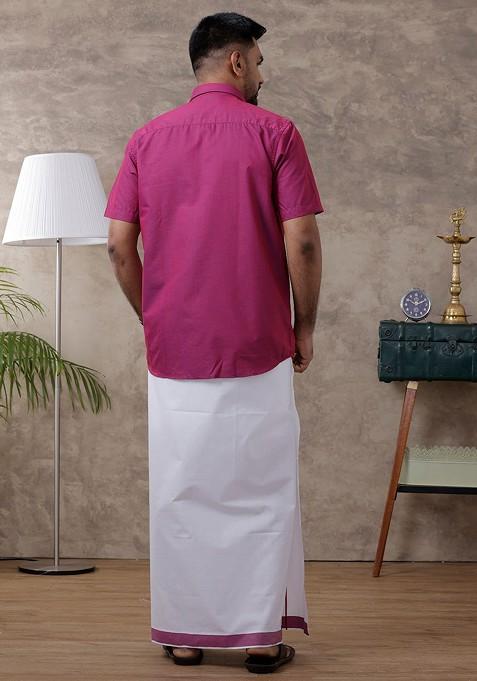 Magenta Half Sleeves Spread Collar Shirt With Dhoti For Men