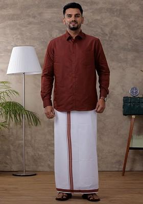 Brown Full Sleeve Shirt With Fancy Border Dhoti For Men