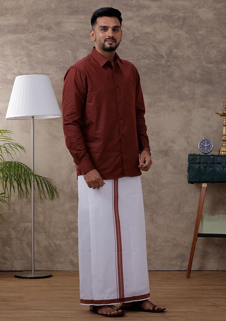 Brown Full Sleeve Shirt With Fancy Border Dhoti For Men
