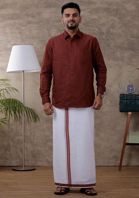 Brown Full Sleeve Shirt With Fancy Border Dhoti For Men