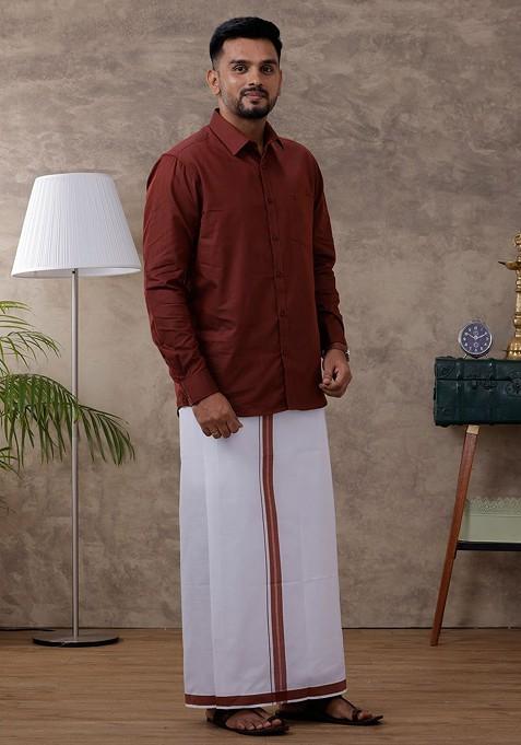 Brown Full Sleeve Shirt With Fancy Border Dhoti For Men