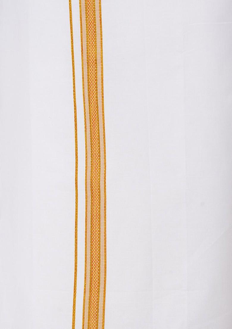 Orange Half Sleeve Shirt And Matching Border Dhoti For Men