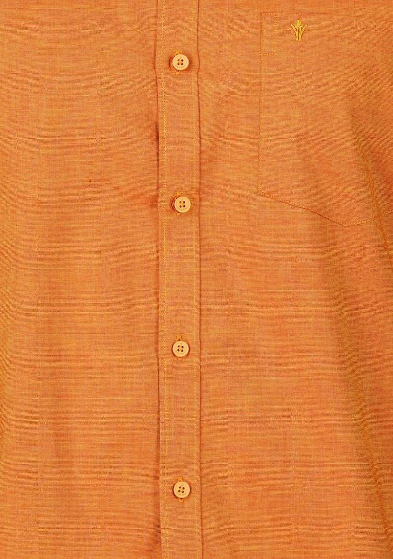 Orange Half Sleeve Shirt And Matching Border Dhoti For Men