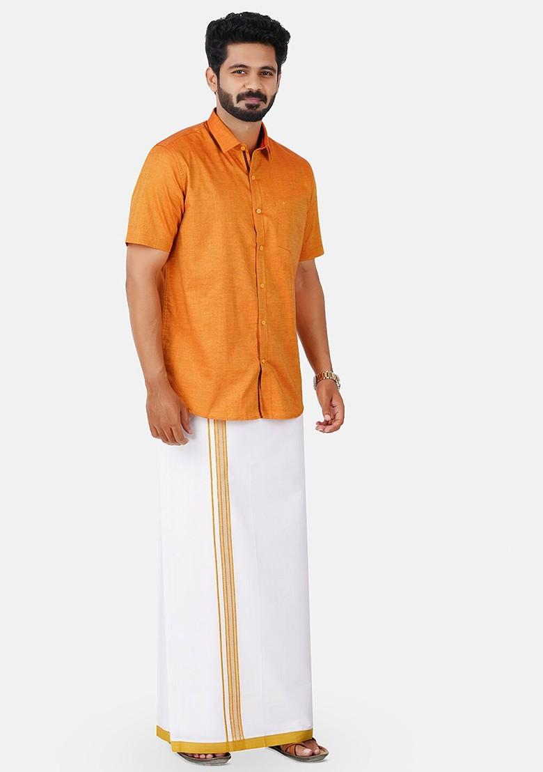 Orange Half Sleeve Shirt And Matching Border Dhoti For Men