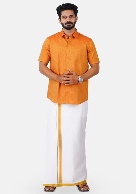 Orange Half Sleeve Shirt And Matching Border Dhoti For Men