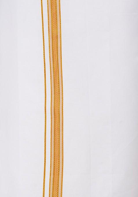 Orange Half Sleeve Shirt And Matching Border Dhoti For Men