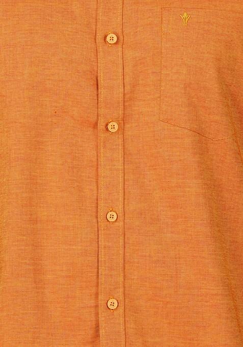 Orange Half Sleeve Shirt And Matching Border Dhoti For Men