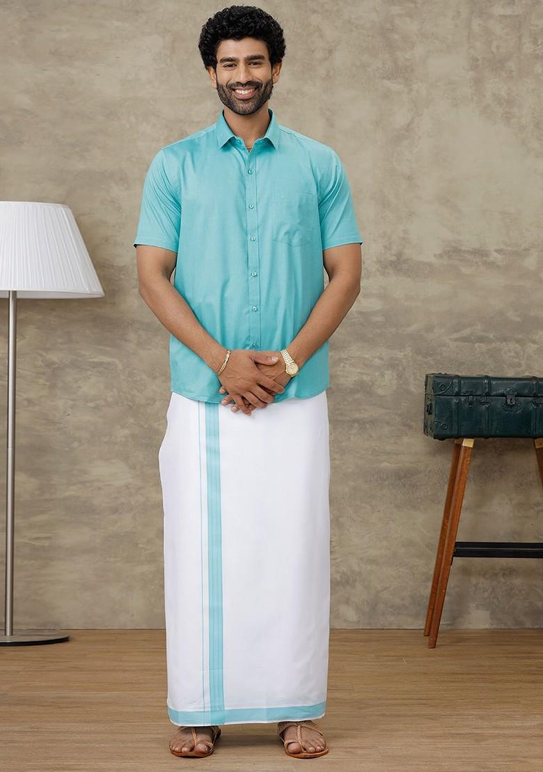 Blue Shirt And Border Dhoti Set For Men