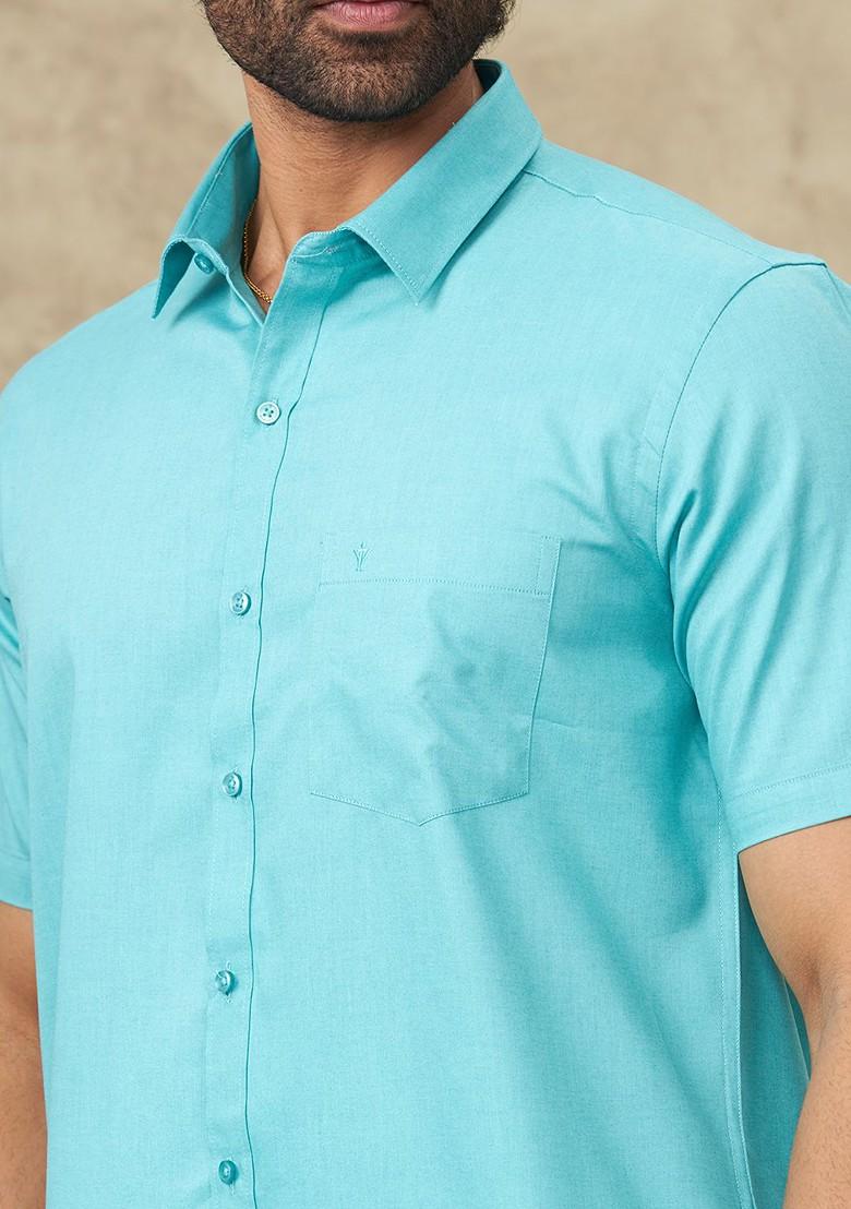 Blue Shirt And Border Dhoti Set For Men