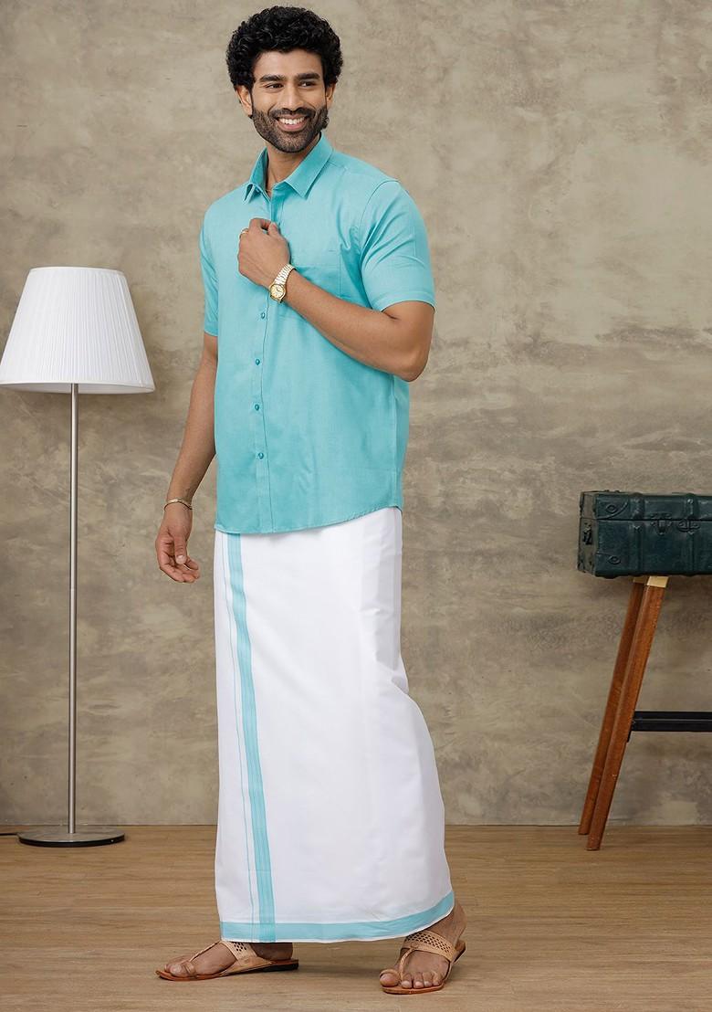 Blue Shirt And Border Dhoti Set For Men