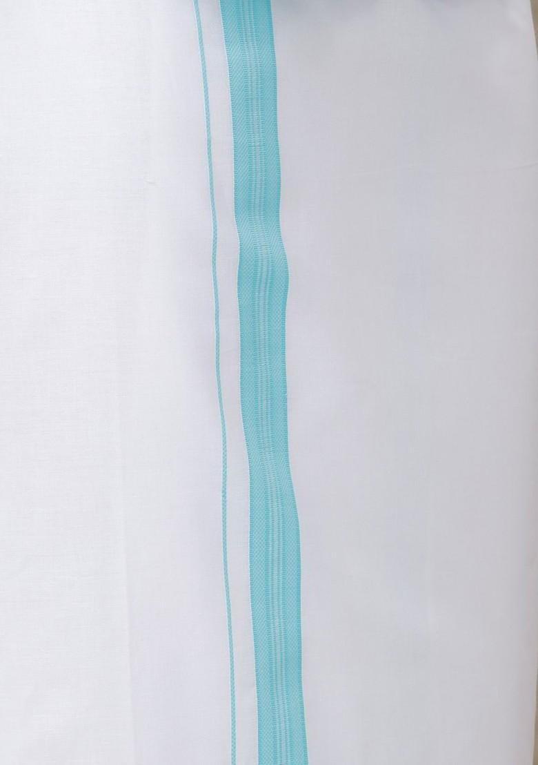 Blue Shirt And Border Dhoti Set For Men