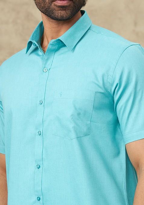 Blue Shirt And Border Dhoti Set For Men