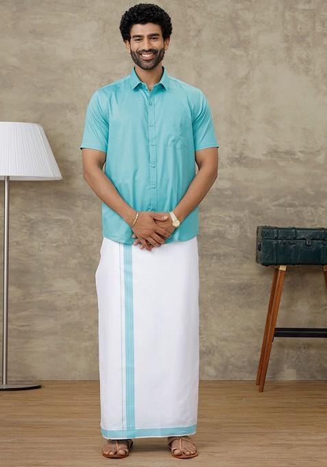 Blue Shirt And Border Dhoti Set For Men