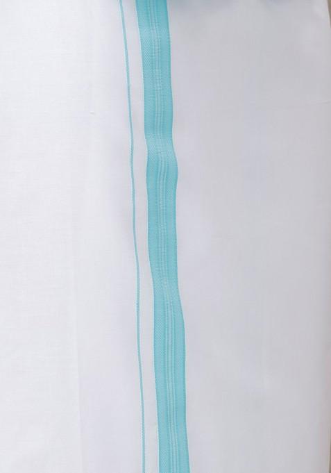 Blue Shirt And Border Dhoti Set For Men