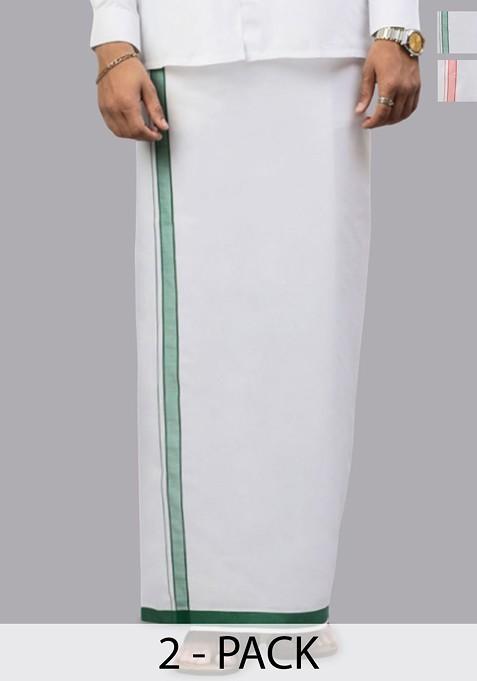 White Pack Of 2 Solid Border Dhoti For Men