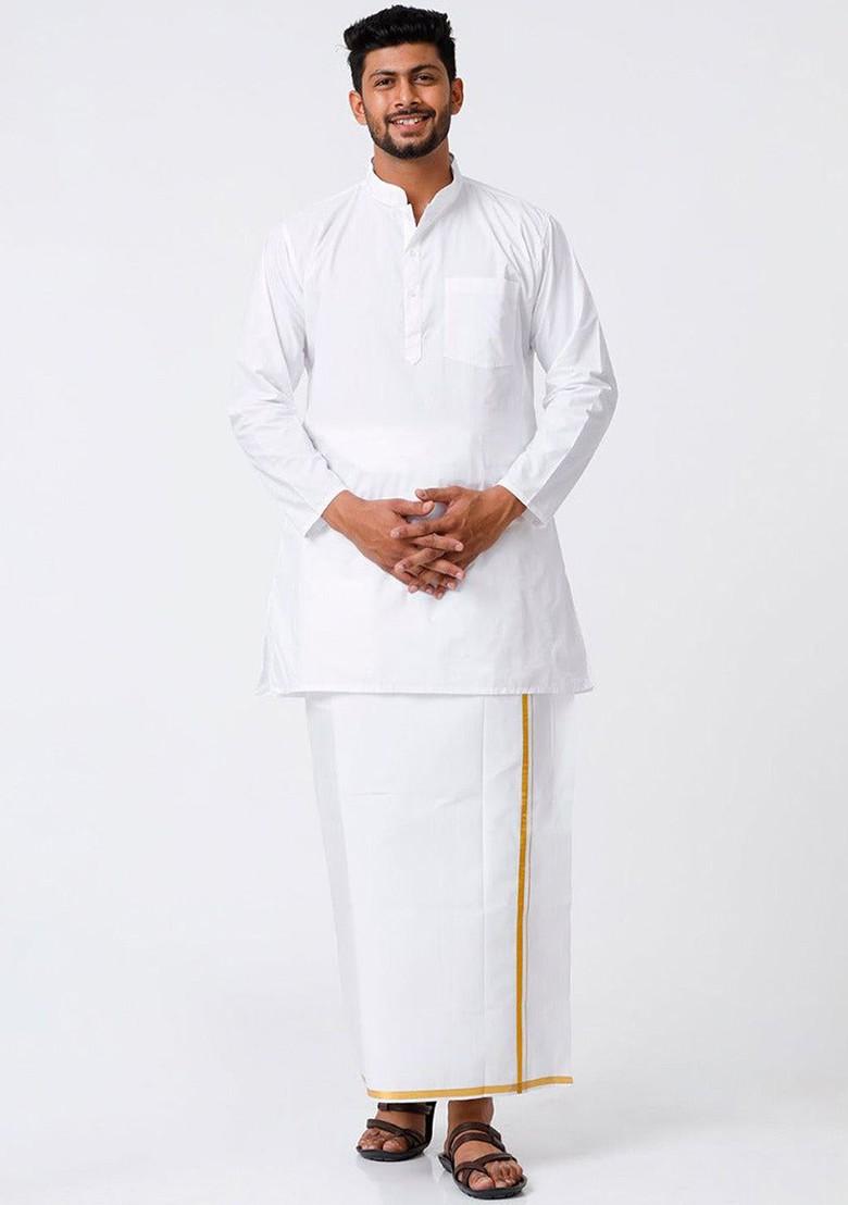 White Mandarin Collar Pure Cotton Straight Kurta With Golden Zari Dhoti For Men - Indya