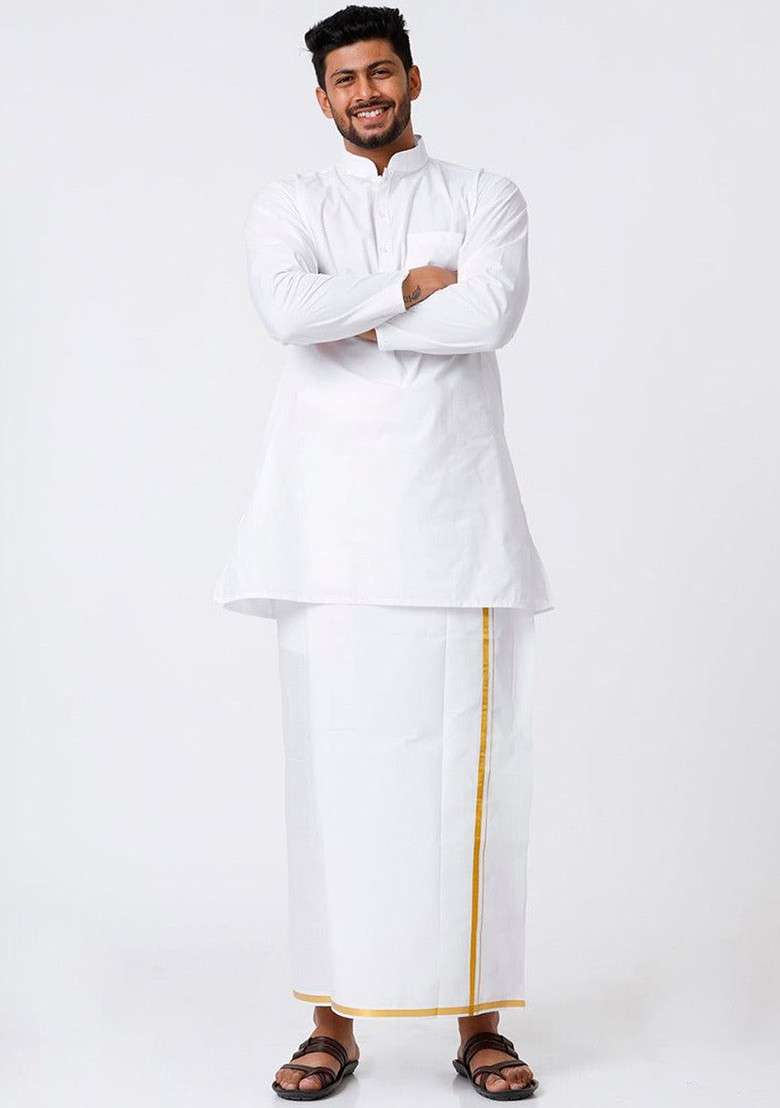 White Mandarin Collar Pure Cotton Straight Kurta With Golden Zari Dhoti For Men - Indya