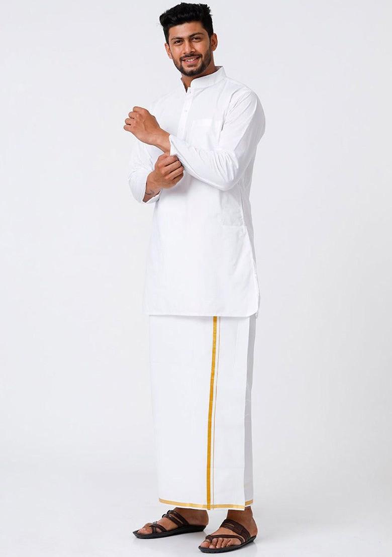 White Mandarin Collar Pure Cotton Straight Kurta With Golden Zari Dhoti For Men - Indya