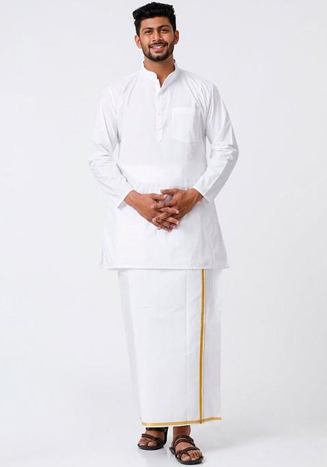 White Mandarin Collar Pure Cotton Straight Kurta With Golden Zari Dhoti For Men
