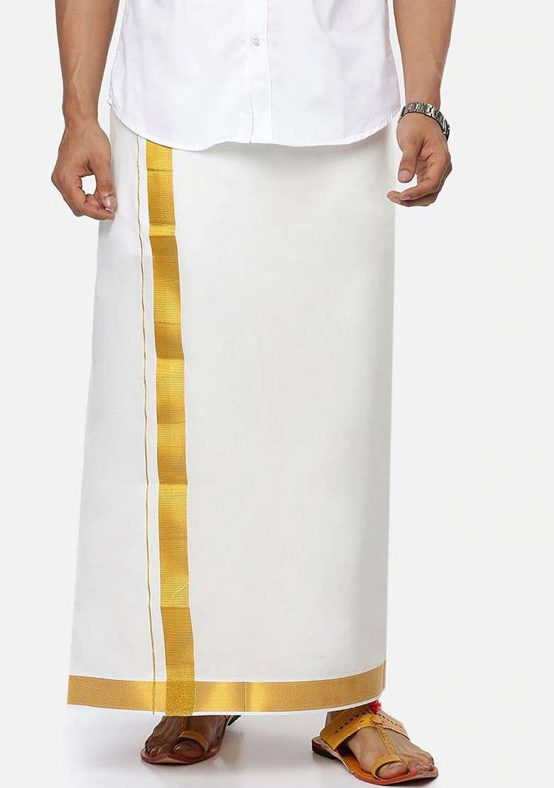 Cream Cotton Solid Gold Jari Border Single Layer Dhoti For Men - Indya