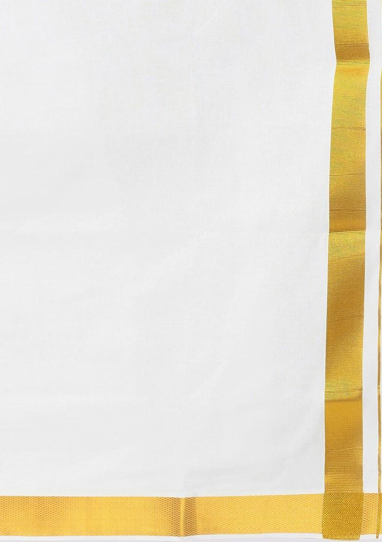Cream Cotton Solid Gold Jari Border Single Layer Dhoti For Men - Indya